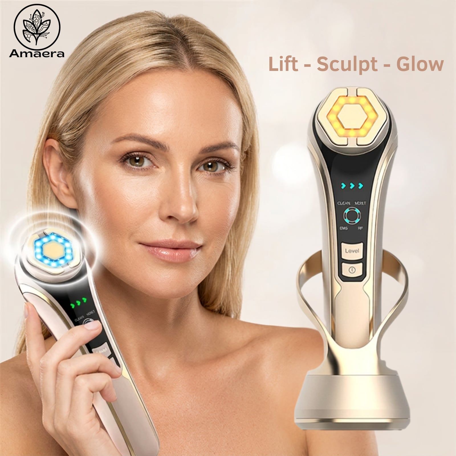 Woman holding the Amaera RF Lift & Glow 4-in-1 facial device next to it on its display base