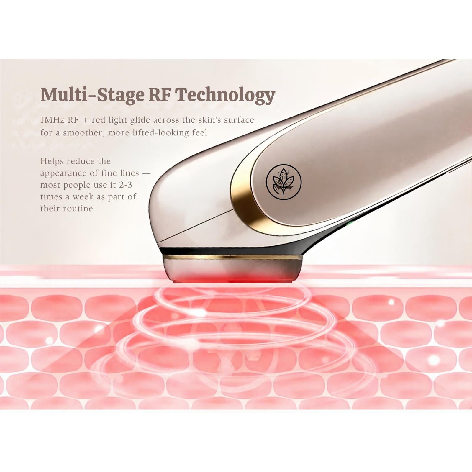 Amaera device in RF mode with red light, gliding across the skin